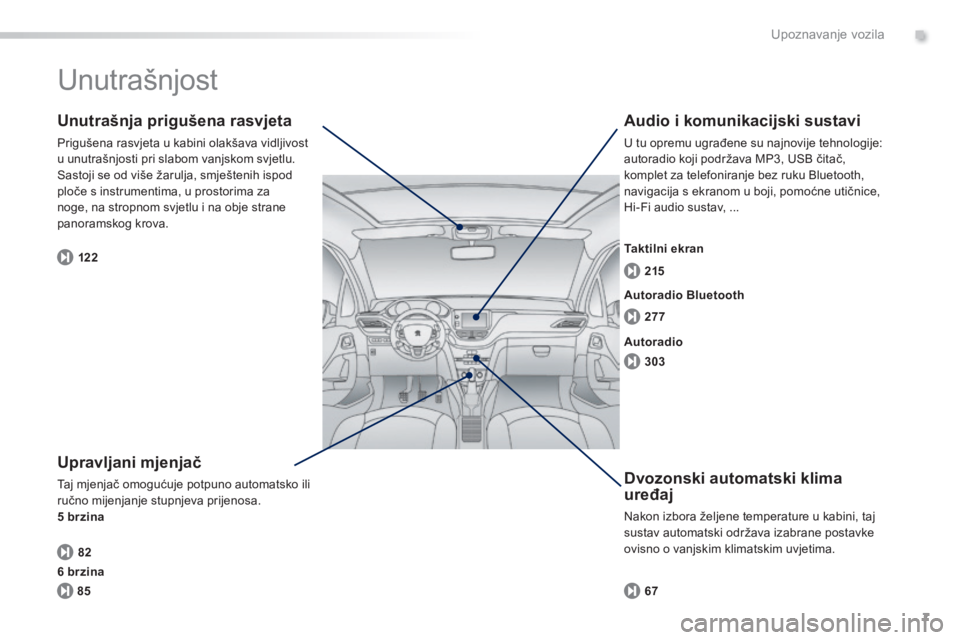 PEUGEOT 2008 2014  Upute Za Rukovanje (in Croatian) .
7
82 122277 215
303
85 67
Upoznavanje vozila
 Unutrašnjost  
  Upravljani mjenjač 
 Taj mjenjač omogućuje potpuno automatsko ili ručno mijenjanje stupnjeva prijenosa. 5 brzina
  Unutrašnja pri
