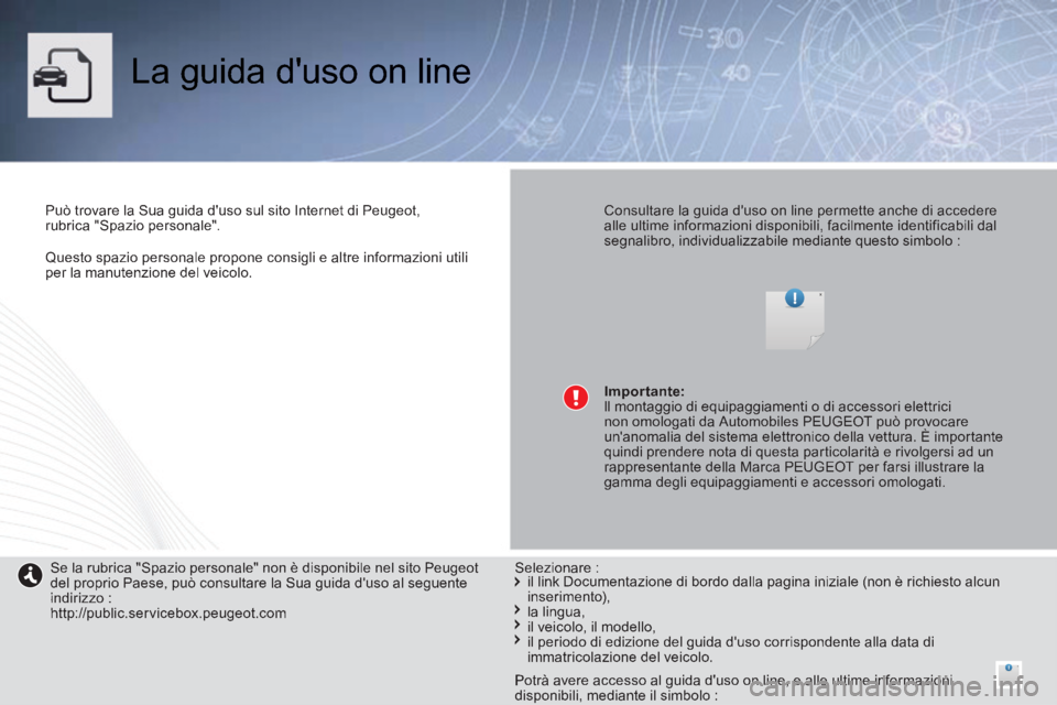 PEUGEOT 2008 2014 Manuale duso (in Italian) Questo spazio personale propone consigli e altre informazioni utili per la manutenzione del veicolo.
La guida duso on line
Può trovare la Sua guida duso sul sito Internet di Peugeot, rub PEUGEOT 2008 2014 Manuale duso (in Italian) Questo spazio personale propone consigli e altre informazioni utili per la manutenzione del veicolo.
La guida duso on line
Può trovare la Sua guida duso sul sito Internet di Peugeot, rub