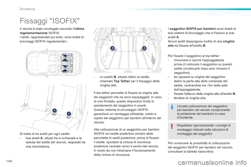 PEUGEOT 2008 2014  Manuale duso (in Italian) 146
Sicurezza
  Il veicolo è stato omologato secondo l ultima regolamentazione   ISOFIX.  I sedili, rappresentati qui sotto, sono dotati di ancoraggi ISOFIX regolamentari :  
                     Fi