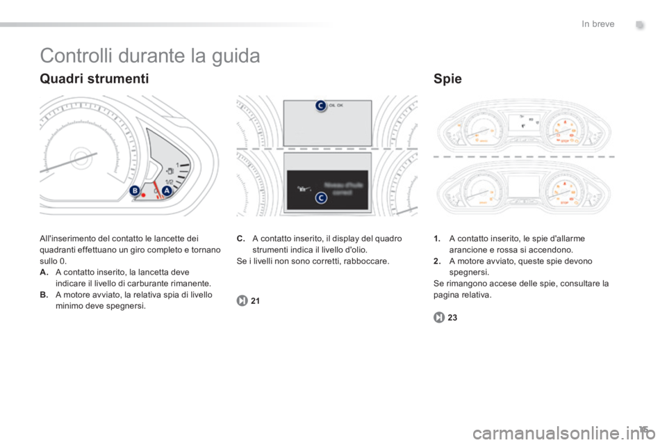 PEUGEOT 2008 2014 Manuale duso (in Italian) .
15
23
21
In breve
Controlli durante la guida
Allinserimento del contatto le lancette dei quadranti effettuano un giro completo e tornano sullo 0. A. A contatto inserito, la lancetta deve indic PEUGEOT 2008 2014 Manuale duso (in Italian) .
15
23
21
In breve
Controlli durante la guida
Allinserimento del contatto le lancette dei quadranti effettuano un giro completo e tornano sullo 0. A. A contatto inserito, la lancetta deve indic