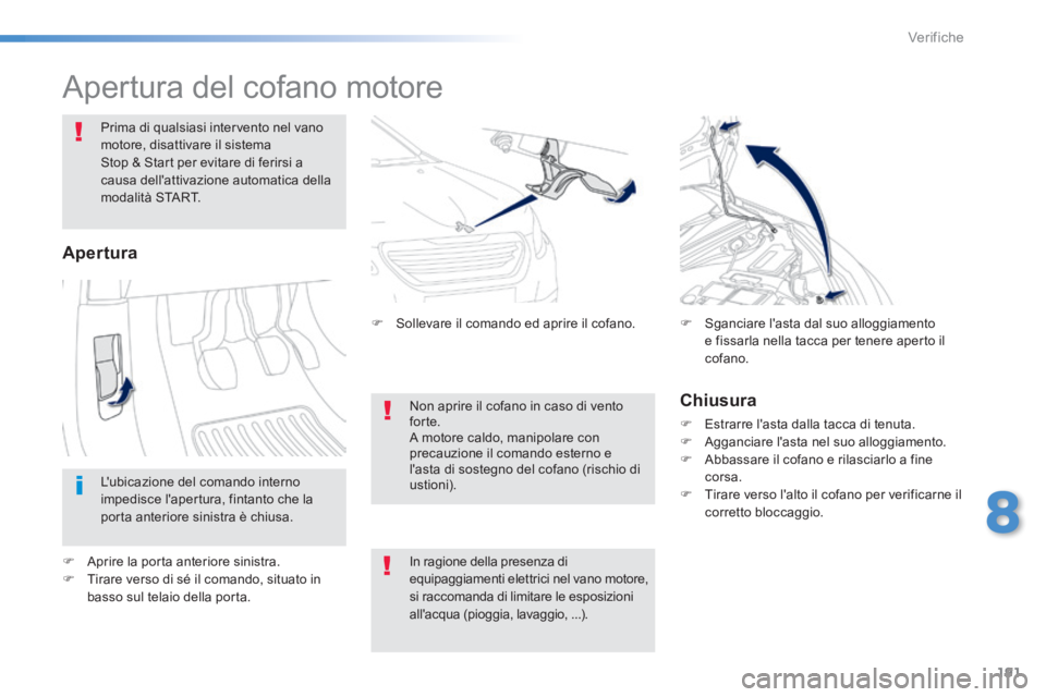 PEUGEOT 2008 2014 Manuale duso (in Italian) 191
8
Verifiche
Apertura del cofano motore
Prima di qualsiasi intervento nel vano motore, disattivare il sistema Stop & Start per evitare di ferirsi a causa dellattivazione automatica d PEUGEOT 2008 2014 Manuale duso (in Italian) 191
8
Verifiche
Apertura del cofano motore
Prima di qualsiasi intervento nel vano motore, disattivare il sistema Stop & Start per evitare di ferirsi a causa dellattivazione automatica d