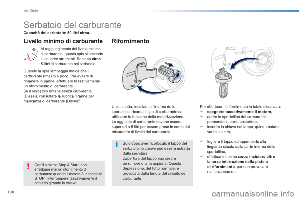 PEUGEOT 2008 2014 Manuale duso (in Italian) 194
Verifiche
Livello minimo di carburante
Al raggiungimento del livello minimo di carburante, questa spia si accende sul quadro strumenti. Restano circa 5 litri di carburante nel serbatoio.
PEUGEOT 2008 2014 Manuale duso (in Italian) 194
Verifiche
Livello minimo di carburante
Al raggiungimento del livello minimo di carburante, questa spia si accende sul quadro strumenti. Restano circa 5 litri di carburante nel serbatoio.