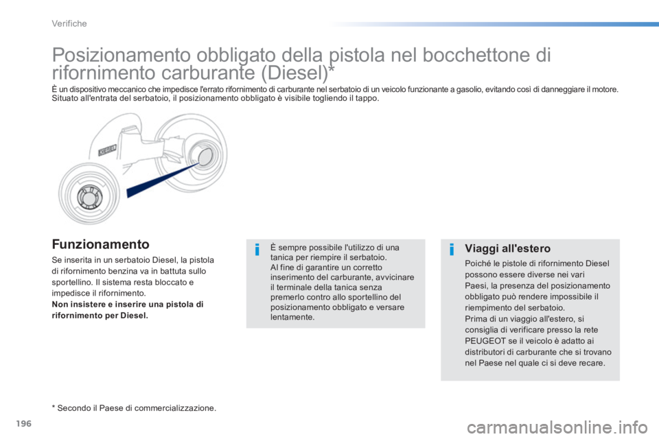 PEUGEOT 2008 2014 Manuale duso (in Italian) 196
Verifiche
Funzionamento
Se inserita in un serbatoio Diesel, la pistola di rifornimento benzina va in battuta sullo sportellino. Il sistema resta bloccato e impedisce il rifornimento. Non insis PEUGEOT 2008 2014 Manuale duso (in Italian) 196
Verifiche
Funzionamento
Se inserita in un serbatoio Diesel, la pistola di rifornimento benzina va in battuta sullo sportellino. Il sistema resta bloccato e impedisce il rifornimento. Non insis