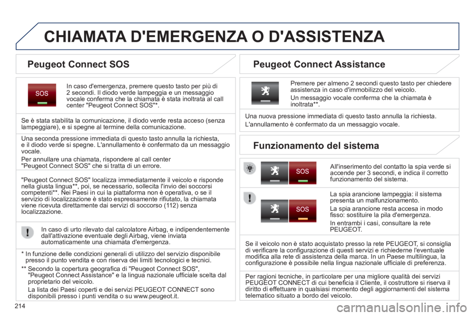 PEUGEOT 2008 2014 Manuale duso (in Italian) 214
CHIAMATA DEMERGENZA O DASSISTENZA
In caso demergenza, premere questo tasto per più di 2 secondi. Il diodo verde lampeggia e un messaggio vocale conferma che la chiamata è stata inoltrata PEUGEOT 2008 2014 Manuale duso (in Italian) 214
CHIAMATA DEMERGENZA O DASSISTENZA
In caso demergenza, premere questo tasto per più di 2 secondi. Il diodo verde lampeggia e un messaggio vocale conferma che la chiamata è stata inoltrata