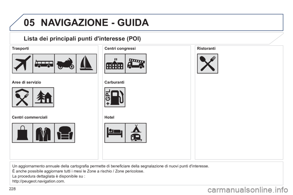 PEUGEOT 2008 2014 Manuale duso (in Italian) 05
228
Lista dei principali punti dinteresse (POI)
Un aggiornamento annuale della cartografi a permette di benefi ciare della segnalazione di nuovi punti d'interesse.
È anche possibile ag PEUGEOT 2008 2014 Manuale duso (in Italian) 05
228
Lista dei principali punti dinteresse (POI)
Un aggiornamento annuale della cartografi a permette di benefi ciare della segnalazione di nuovi punti d'interesse.
È anche possibile ag