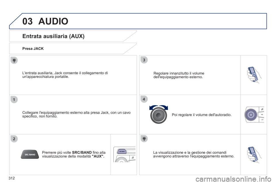 PEUGEOT 2008 2014 Manuale duso (in Italian) 03
312
AUDIO
Entrata ausiliaria (AUX)
Presa JACK
Collegare lequipaggiamento esterno alla presa Jack, con un cavo specifi co, non fornito.
Lentrata ausiliaria, Jack consen PEUGEOT 2008 2014 Manuale duso (in Italian) 03
312
AUDIO
Entrata ausiliaria (AUX)
Presa JACK
Collegare lequipaggiamento esterno alla presa Jack, con un cavo specifi co, non fornito.
Lentrata ausiliaria, Jack consen