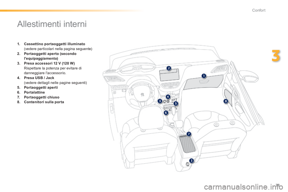 PEUGEOT 2008 2014 Manuale duso (in Italian) 71
3
Confort
Allestimenti interni
1. Cassettino portaoggetti illuminato (vedere particolari nella pagina seguente) 2. Portaoggetti aperto (secondo lequipaggiamento)3. P PEUGEOT 2008 2014 Manuale duso (in Italian) 71
3
Confort
Allestimenti interni
1. Cassettino portaoggetti illuminato (vedere particolari nella pagina seguente) 2. Portaoggetti aperto (secondo lequipaggiamento)3. P
