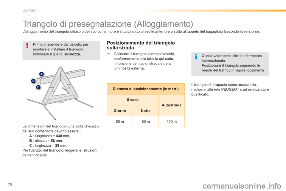 PEUGEOT 2008 2014 Manuale duso (in Italian) 78
Confort
Triangolo di presegnalazione (Alloggiamento)
Prima di scendere dal veicolo, per montare e installare il triangolo, indossare il gilet di sicurezza.
Le dimensioni del triango PEUGEOT 2008 2014 Manuale duso (in Italian) 78
Confort
Triangolo di presegnalazione (Alloggiamento)
Prima di scendere dal veicolo, per montare e installare il triangolo, indossare il gilet di sicurezza.
Le dimensioni del triango