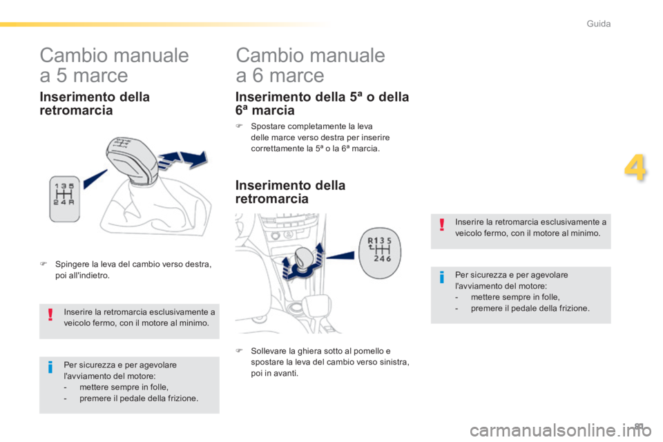 PEUGEOT 2008 2014  Manuale duso (in Italian) 81
4
Guida
         Cambio manuale 
a 6 marce 
  Inserimento  della 
retromarcia 
 Inserire la retromarcia esclusivamente a veicolo fermo, con il motore al minimo. 
 Per sicurezza e per agevolare lav