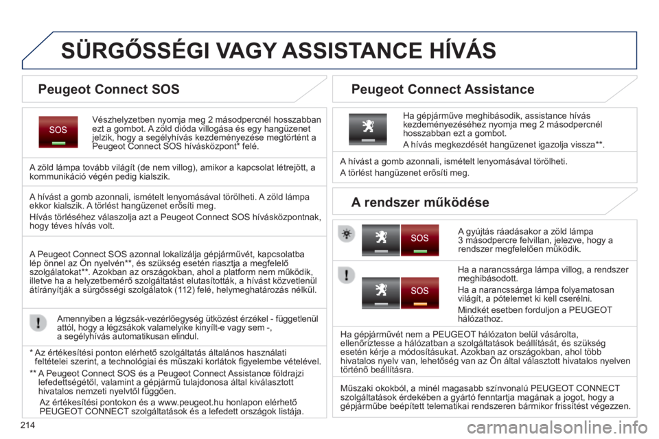 PEUGEOT 2008 2014 Kezelési útmutató (in Hungarian) 214
SÜRGŐSSÉGI VAGY ASSISTANCE HÍVÁS
Vészhelyzetben nyomja meg 2 másodpercnél hosszabban ezt a gombot. A zöld dióda villogása és egy hangüzenet jelzik, hogy a segélyhívás kezdemén PEUGEOT 2008 2014 Kezelési útmutató (in Hungarian) 214
SÜRGŐSSÉGI VAGY ASSISTANCE HÍVÁS
Vészhelyzetben nyomja meg 2 másodpercnél hosszabban ezt a gombot. A zöld dióda villogása és egy hangüzenet jelzik, hogy a segélyhívás kezdemén