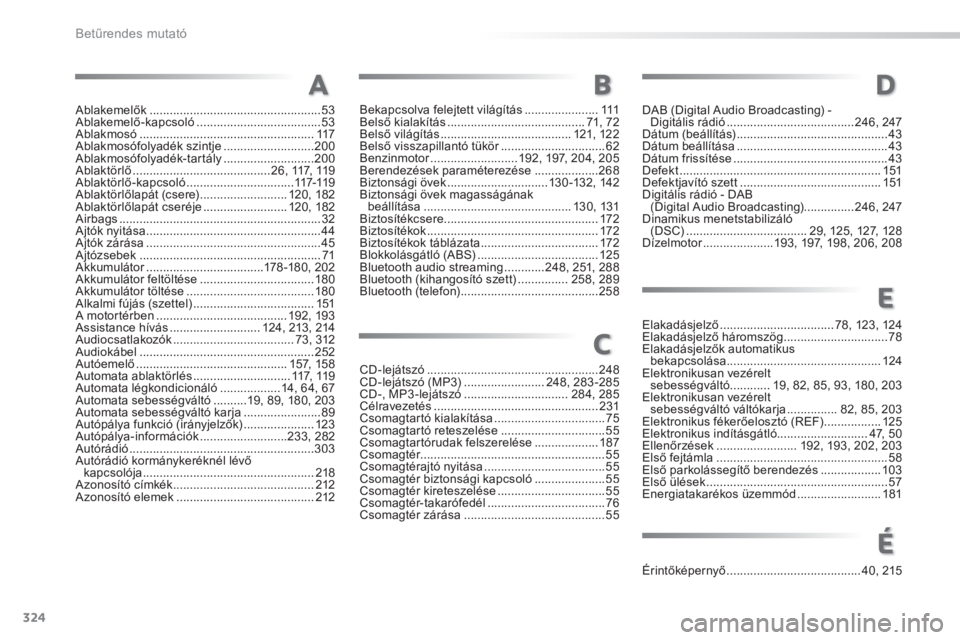 PEUGEOT 2008 2014  Kezelési útmutató (in Hungarian) 324
Betűrendes mutató
Ablakemelők ...................................................53Ablakemelő-kapcsoló .....................................53Ablakmosó ......................................