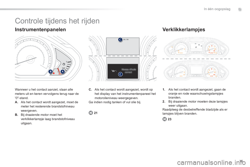 PEUGEOT 2008 2014 Instructieboekje (in Dutch) .
15
23
21
In één oogopslag
Controle tijdens het rijden
Wanneer u het contact aanzet, slaan alle meters uit en keren vervolgens terug naar de 0"-stand. A. Als het contact wordt aangezet, moet PEUGEOT 2008 2014 Instructieboekje (in Dutch) .
15
23
21
In één oogopslag
Controle tijdens het rijden
Wanneer u het contact aanzet, slaan alle meters uit en keren vervolgens terug naar de 0"-stand. A. Als het contact wordt aangezet, moet
