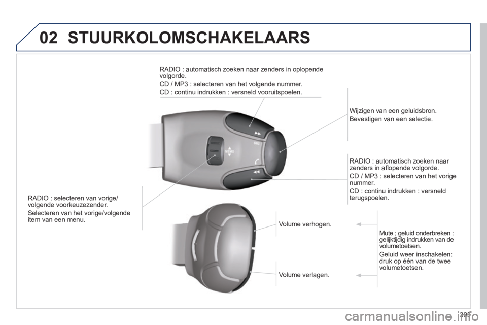 PEUGEOT 2008 2014  Instructieboekje (in Dutch) 02 STUURKOLOMSCHAKELAARS 
305
   RADIO : selecteren van vorige/volgende voorkeuzezender. 
 Selecteren van het vorige/volgende item van een menu.  
  Wijzigen  van  een  geluidsbron.  
Bevestigen van e