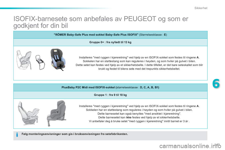 PEUGEOT 2008 2014 Instruksjoner for bruk (in Norwegian) 147
6
Sikkerhet
ISOFIX-barnesete som anbefales av PEUGEOT og som er
godkjent for din bil
Følg monteringsanvisninger som gis i bruksanvisningen fra setefabrikanten.
"RÖMER Baby- PEUGEOT 2008 2014 Instruksjoner for bruk (in Norwegian) 147
6
Sikkerhet
ISOFIX-barnesete som anbefales av PEUGEOT og som er
godkjent for din bil
Følg monteringsanvisninger som gis i bruksanvisningen fra setefabrikanten.
"RÖMER Baby-