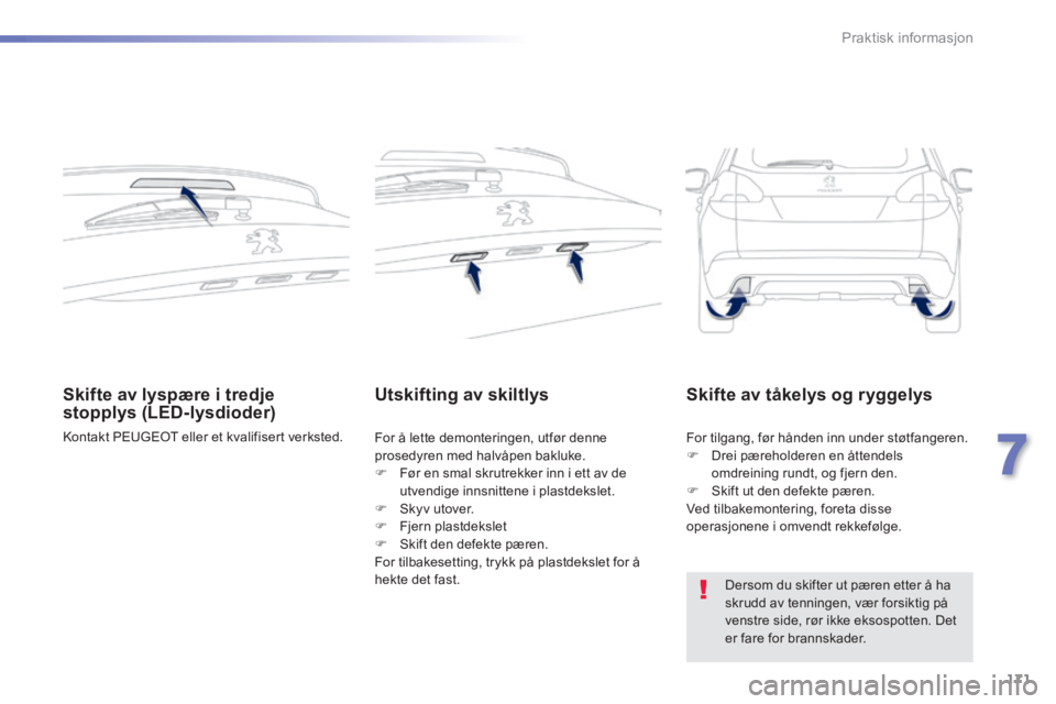 PEUGEOT 2008 2014  Instruksjoner for bruk (in Norwegian) 171
7
Praktisk informasjon
Skifte av lyspære i tredje stopplys (LED-lysdioder) 
 Kontakt PEUGEOT eller et kvalifisert verksted.   
Utskifting av skiltlys  
 For å lette demonteringen, utfør denne p