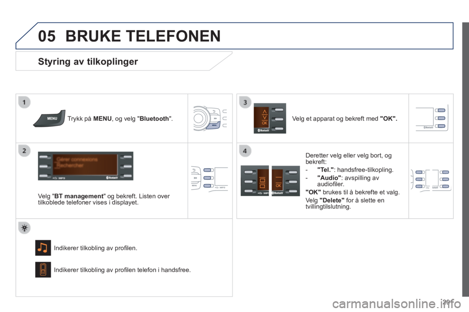 PEUGEOT 2008 2014  Instruksjoner for bruk (in Norwegian) 05
 
291
 BRUKE  TELEFONEN 
  Trykk  på MENU, og velg "Bluetooth".  
  Velg  "BT management" og bekreft. Listen over tilkoblede telefoner vises i displayet.  
  Indikerer tilkobling av proﬁ len. 
 