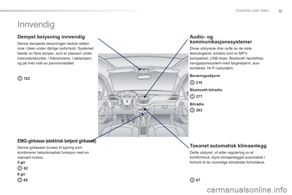 PEUGEOT 2008 2014  Instruksjoner for bruk (in Norwegian) .
7
82 122277 215
303
85 67
Oversikt over bilen
 Innvendig  
  EMG-girkasse (elektrisk betjent girkasse)   EMG-girkasse (elektrisk betjent girkasse) 
 Denne girkassen brukes til kjøring som kombinere