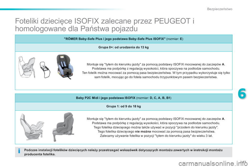 PEUGEOT 2008 2014 Instrukcja obsługi (in Polish) 147
6
Bezpieczeństwo
Foteliki dziecięce ISOFIX zalecane przez PEUGEOT i
homologowane dla Państwa pojazdu
Podczas instalacji fotelików dziecięcych należy przestrzegać wskazówek do PEUGEOT 2008 2014 Instrukcja obsługi (in Polish) 147
6
Bezpieczeństwo
Foteliki dziecięce ISOFIX zalecane przez PEUGEOT i
homologowane dla Państwa pojazdu
Podczas instalacji fotelików dziecięcych należy przestrzegać wskazówek do