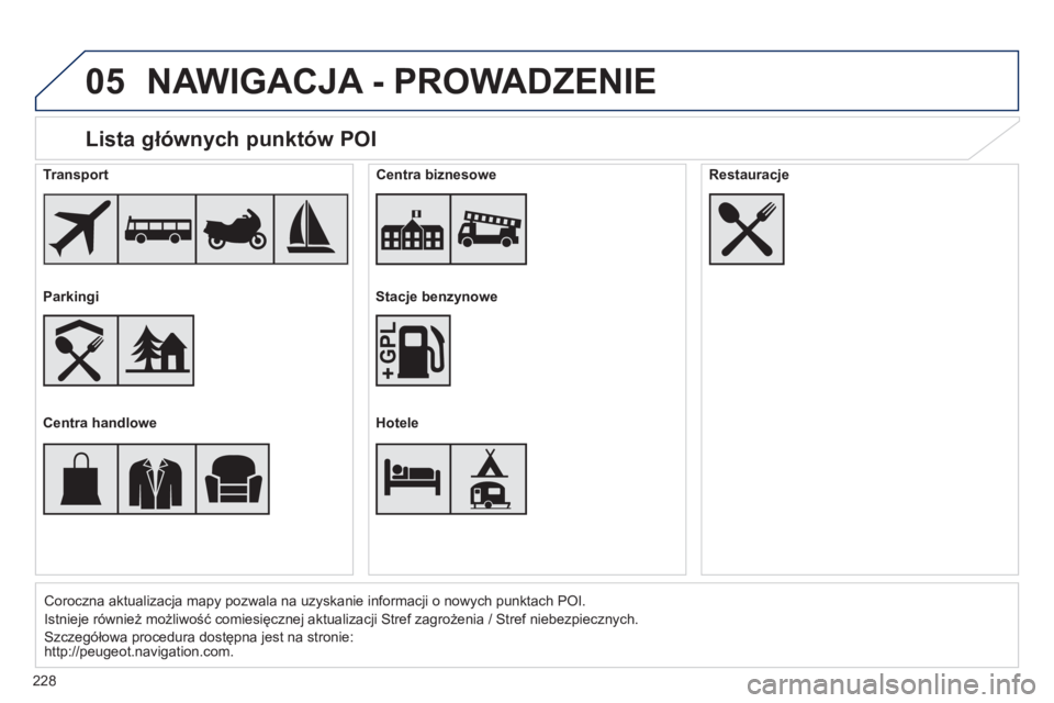 PEUGEOT 2008 2014 Instrukcja obsługi (in Polish) 05
228
Lista głównych punktów POI
Coroczna aktualizacja mapy pozwala na uzyskanie informacji o nowych punktach POI.
Istnieje również możliwość comiesięcznej aktualizacji Stref zagrożeni PEUGEOT 2008 2014 Instrukcja obsługi (in Polish) 05
228
Lista głównych punktów POI
Coroczna aktualizacja mapy pozwala na uzyskanie informacji o nowych punktach POI.
Istnieje również możliwość comiesięcznej aktualizacji Stref zagrożeni