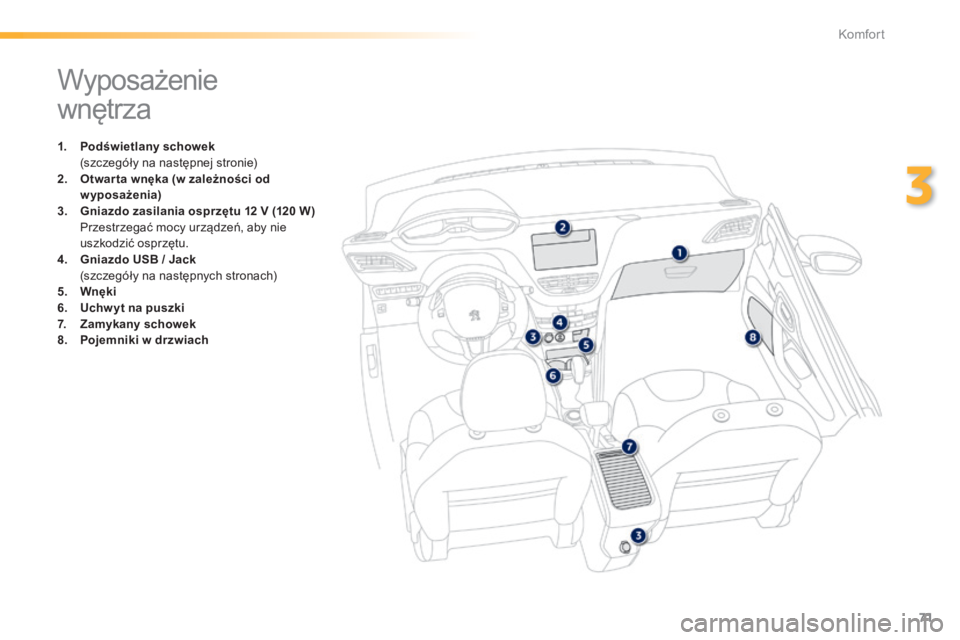 PEUGEOT 2008 2014  Instrukcja obsługi (in Polish) 71
3
Komfort
               Wyposażenie 
wnętrza 
1.    Podświetlany schowek       (szczegóły na następnej stronie) 2.    Otwar ta wnęka (w zależności od wyposażenia)3.    Gniazdo zasilania 