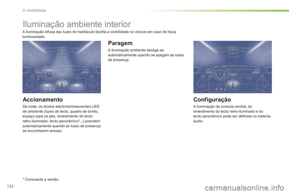 PEUGEOT 2008 2014  Manual de utilização (in Portuguese) 122
A visibilidade
         Iluminação ambiente interior 
  Accionamento 
 De noite, os díodos electroluminescentes-LED de ambiente (luzes de tecto, quadro de bordo, espaço para os pés, revestime