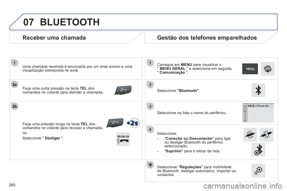 PEUGEOT 2008 2014 Manual de utilização (in Portuguese) 07
Receber uma chamada
Uma chamada recebida é anunciada por um sinal sonoro e uma visualização sobreposta no ecrã.
Faça uma curta pressão na tecla TEL dos comandos no volante para PEUGEOT 2008 2014 Manual de utilização (in Portuguese) 07
Receber uma chamada
Uma chamada recebida é anunciada por um sinal sonoro e uma visualização sobreposta no ecrã.
Faça uma curta pressão na tecla TEL dos comandos no volante para