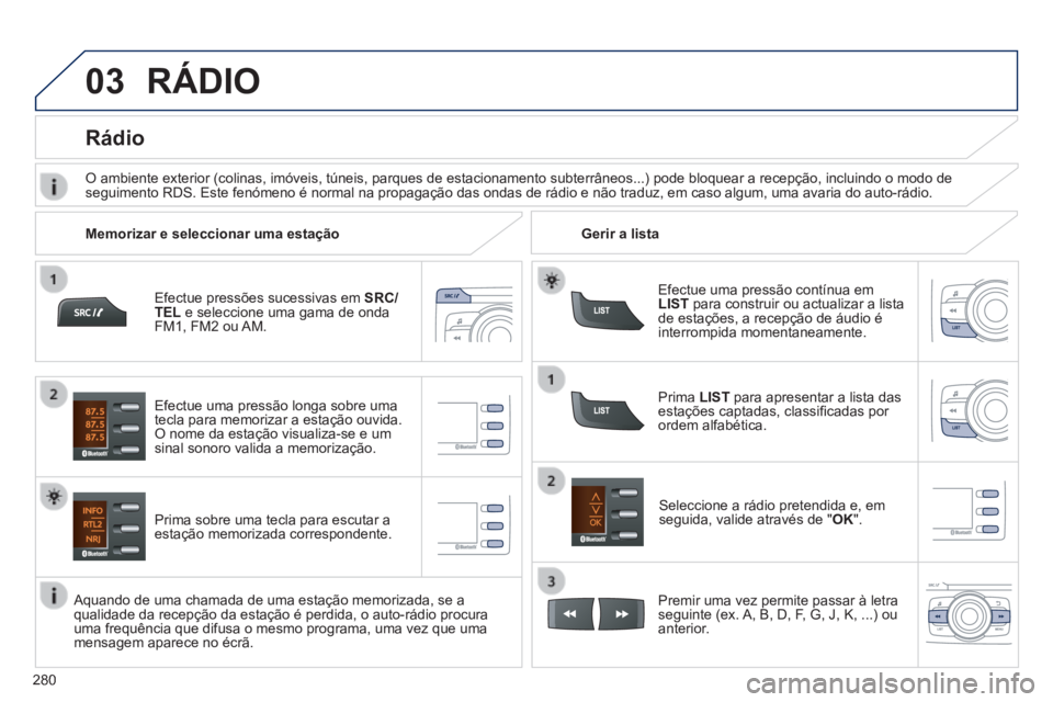PEUGEOT 2008 2014 Manual de utilização (in Portuguese) 03
280
Efectue pressões sucessivas em SRC/TEL e seleccione uma gama de onda FM1, FM2 ou AM.
Prima sobre uma tecla para escutar a estação memorizada correspondente.
Seleccione a rádio pret PEUGEOT 2008 2014 Manual de utilização (in Portuguese) 03
280
Efectue pressões sucessivas em SRC/TEL e seleccione uma gama de onda FM1, FM2 ou AM.
Prima sobre uma tecla para escutar a estação memorizada correspondente.
Seleccione a rádio pret