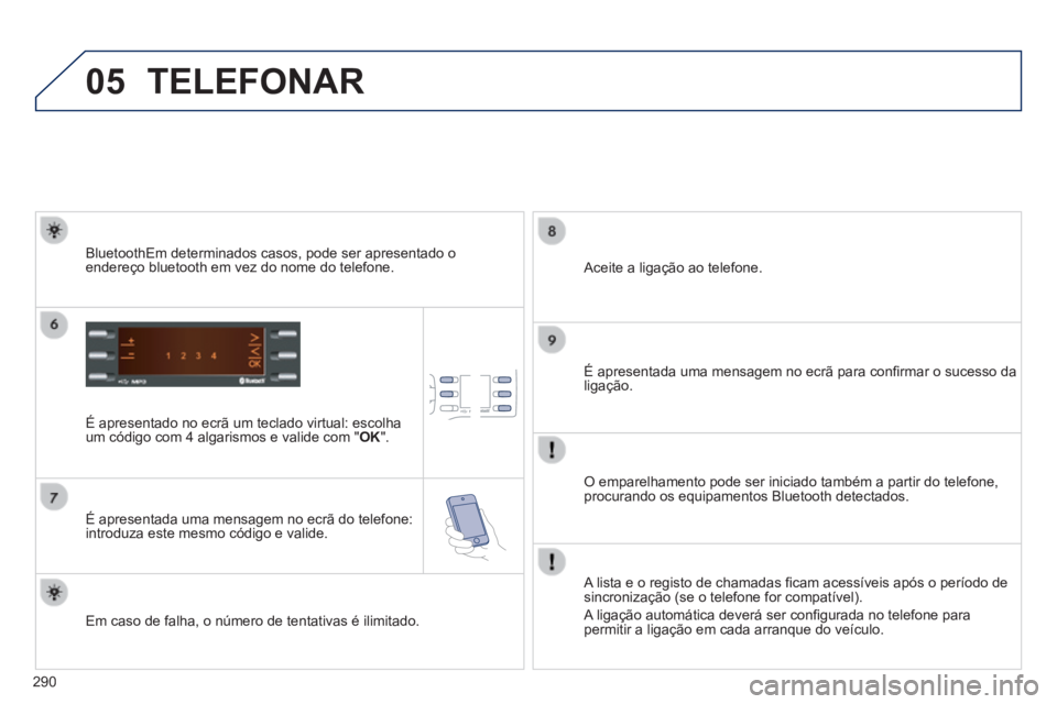 PEUGEOT 2008 2014 Manual de utilização (in Portuguese) 05
290
TELEFONAR
É apresentado no ecrã um teclado virtual: escolha um código com 4 algarismos e valide com " OK ".
É apresentada uma mensagem no ecrã do telefone: introduza este mesmo có PEUGEOT 2008 2014 Manual de utilização (in Portuguese) 05
290
TELEFONAR
É apresentado no ecrã um teclado virtual: escolha um código com 4 algarismos e valide com " OK ".
É apresentada uma mensagem no ecrã do telefone: introduza este mesmo có