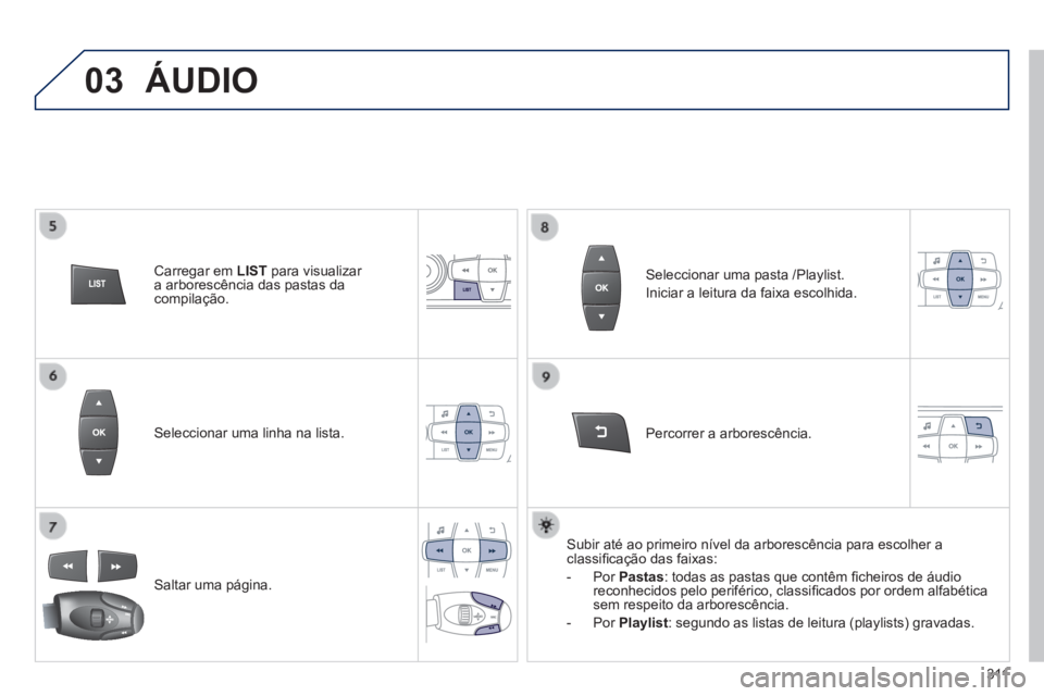PEUGEOT 2008 2014 Manual de utilização (in Portuguese) 03
3 11
Seleccionar uma linha na lista.
Saltar uma página.
Percorrer a arborescência.
Seleccionar uma pasta /Playlist.
Iniciar a leitura da faixa escolhida.
Subir até ao pri PEUGEOT 2008 2014 Manual de utilização (in Portuguese) 03
3 11
Seleccionar uma linha na lista.
Saltar uma página.
Percorrer a arborescência.
Seleccionar uma pasta /Playlist.
Iniciar a leitura da faixa escolhida.
Subir até ao pri
