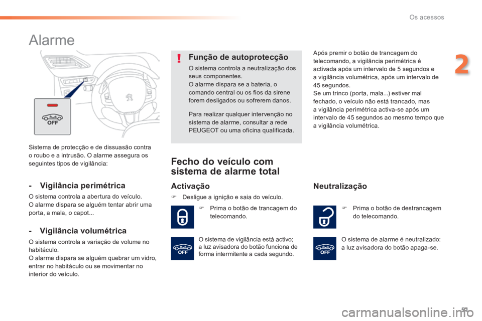 PEUGEOT 2008 2014 Manual de utilização (in Portuguese) 51
2
Os acessos
Sistema de protecção e de dissuasão contra o roubo e a intrusão. O alarme assegura os seguintes tipos de vigilância:
Alarme
- Vigilância perimétrica
O sistema con PEUGEOT 2008 2014 Manual de utilização (in Portuguese) 51
2
Os acessos
Sistema de protecção e de dissuasão contra o roubo e a intrusão. O alarme assegura os seguintes tipos de vigilância:
Alarme
- Vigilância perimétrica
O sistema con