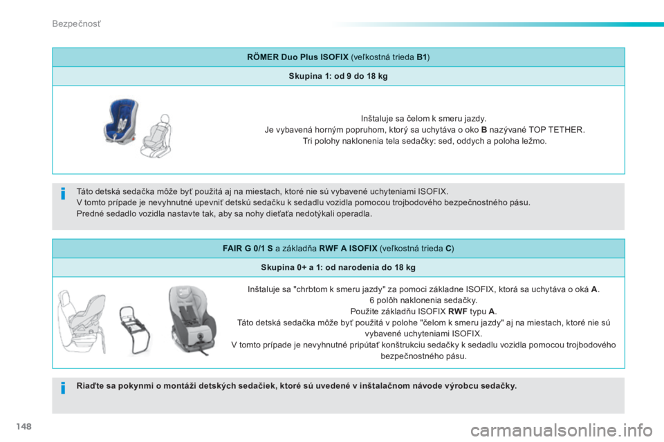 PEUGEOT 2008 2014  Návod na použitie (in Slovakian) 148
Bezpečnosť
RÖMER Duo Plus ISOFIX  (veľkostná trieda  B1 )   
Skupina 1: od 9 do 18 kg
  Inštaluje sa čelom k smeru jazdy.   Je vybavená horným popruhom, ktorý sa uchytáva o oko  B  naz�