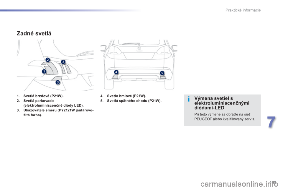PEUGEOT 2008 2014 Návod na použitie (in Slovakian) 169
7
Praktické informácie
1. Svetlá brzdové (P21W).2. Svetlá parkovacie (elektroluminiscenčné diódy LED).3. Ukazovatele smeru (PY2121W jantárovo- jantárovo- žltá farba). PEUGEOT 2008 2014 Návod na použitie (in Slovakian) 169
7
Praktické informácie
1. Svetlá brzdové (P21W).2. Svetlá parkovacie (elektroluminiscenčné diódy LED).3. Ukazovatele smeru (PY2121W jantárovo- jantárovo- žltá farba).