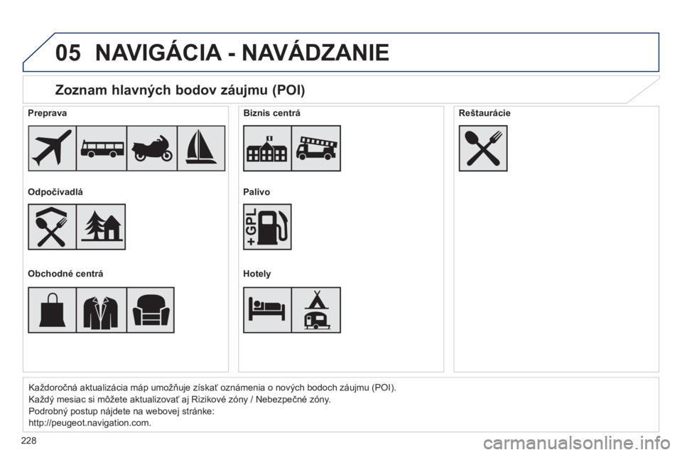 PEUGEOT 2008 2014  Návod na použitie (in Slovakian) 05
228
  Zoznam hlavných bodov záujmu (POI) 
Každoročná aktualizácia máp umožňuje získať oznámenia o nových bodoch záujmu (POI). 
 Každý mesiac si môžete aktualizovať aj Rizikové z