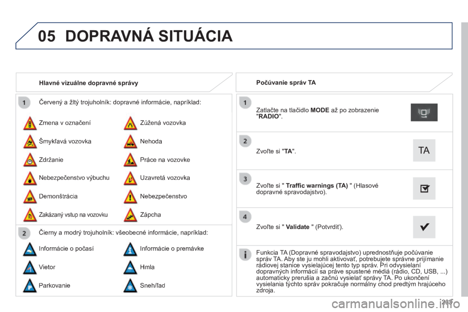 PEUGEOT 2008 2014  Návod na použitie (in Slovakian) 05
233
 Červený a žltý trojuholník: dopravné informácie, napríklad: 
 Zmena v označení 
 Nebezpečenstvo výbuchu 
 Zúžená vozovka 
 Uzavretá vozovka 
 Šmykľavá vozovka 
 Demonštrác
