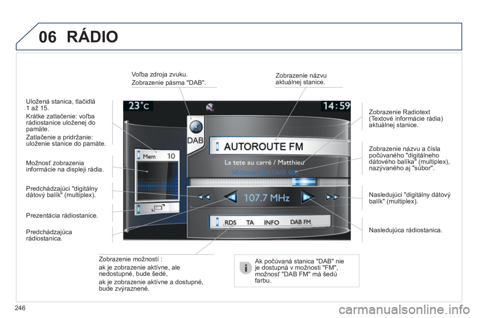 PEUGEOT 2008 2014  Návod na použitie (in Slovakian) 06
246
  Zobrazenie možností :  
ak je zobrazenie aktívne, ale nedostupné, bude šedé,  
ak je zobrazenie aktívne a dostupné, bude zvýraznené.  
  Zobrazenie názvu a čísla počúvaného &#