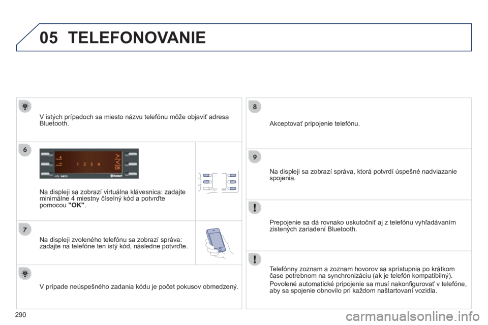 PEUGEOT 2008 2014 Návod na použitie (in Slovakian) 05
290
TELEFONOVANIE
Na displeji sa zobrazí virtuálna klávesnica: zadajte minimálne 4 miestny číselný kód a potvrďte pomocou "OK" .
Na displeji zvoleného telefónu sa zobra PEUGEOT 2008 2014 Návod na použitie (in Slovakian) 05
290
TELEFONOVANIE
Na displeji sa zobrazí virtuálna klávesnica: zadajte minimálne 4 miestny číselný kód a potvrďte pomocou "OK" .
Na displeji zvoleného telefónu sa zobra