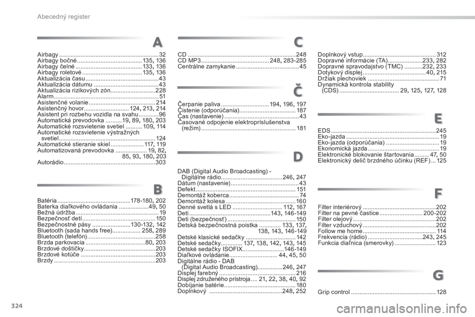 PEUGEOT 2008 2014  Návod na použitie (in Slovakian) 324
Abecedný register
Airbagy ............................................................32Airbagy bočné .......................................13 5, 13 6Airbagy čelné ..........................