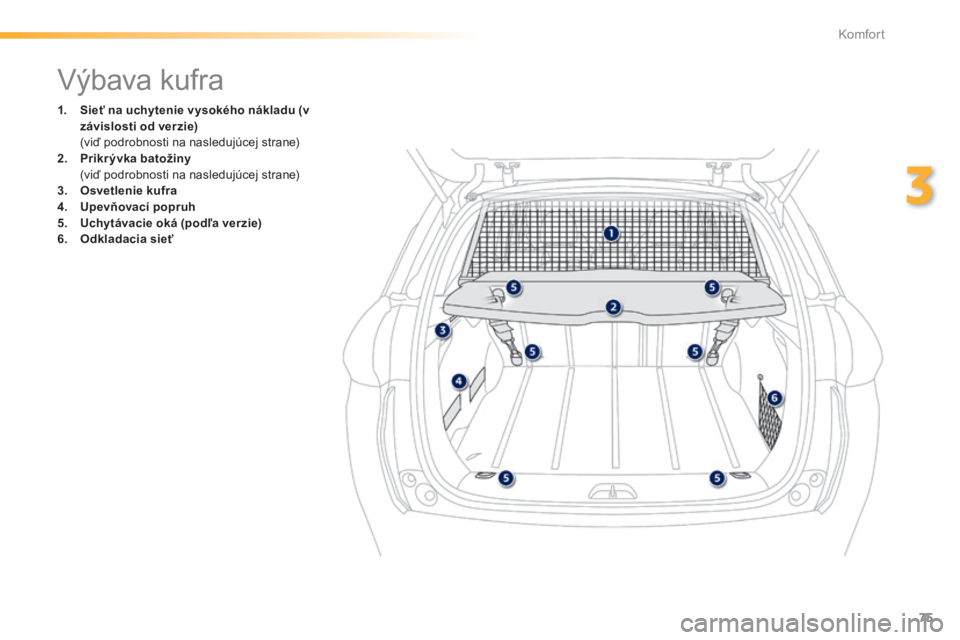 PEUGEOT 2008 2014 Návod na použitie (in Slovakian) 75
3
Komfort
Výbava kufra
1. Sieť na uchytenie vysokého nákladu (v závislosti od verzie) (viď podrobnosti na nasledujúcej strane) 2. Prikrývka batožiny (viď PEUGEOT 2008 2014 Návod na použitie (in Slovakian) 75
3
Komfort
Výbava kufra
1. Sieť na uchytenie vysokého nákladu (v závislosti od verzie) (viď podrobnosti na nasledujúcej strane) 2. Prikrývka batožiny (viď