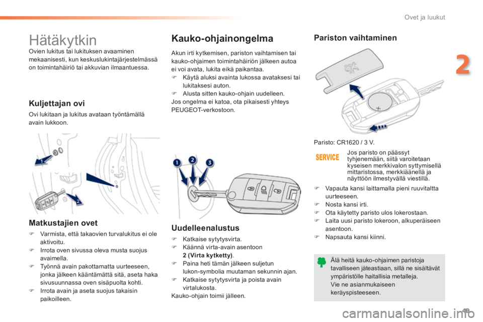 PEUGEOT 2008 2014  Omistajan Käsikirja (in Finnish) 49
2
Ovet ja luukut
 Hätäkytkin  Ovien lukitus tai lukituksen avaaminen mekaanisesti, kun keskuslukintajärjestelmässä on toimintahäiriö tai akkuvian ilmaantuessa.  
  Kuljettajan  ovi 
 Ovi luk