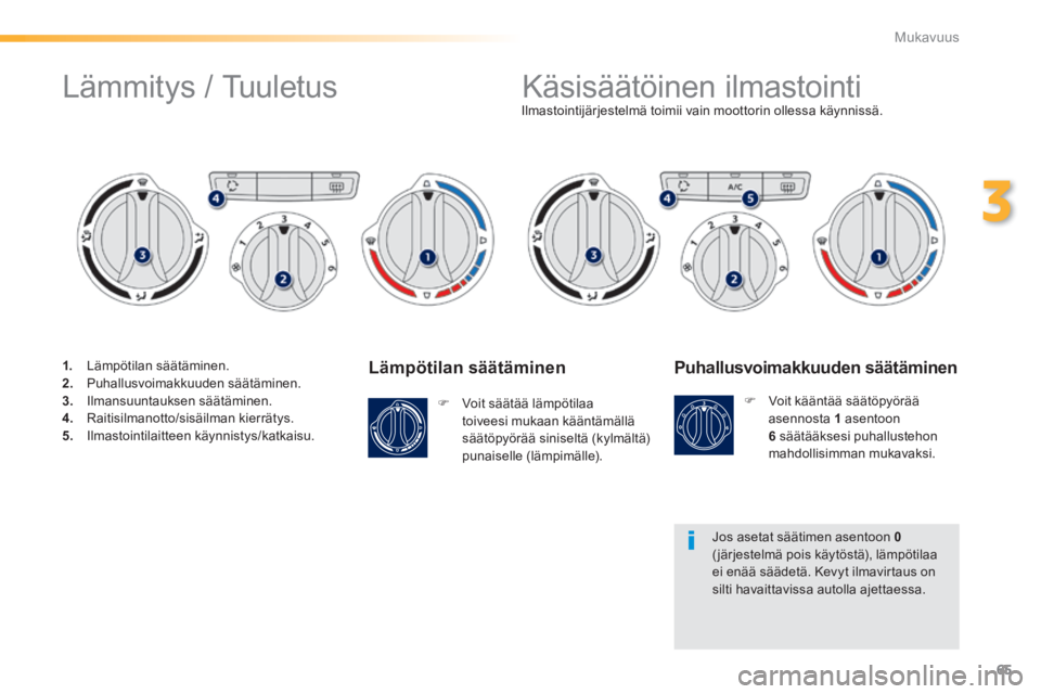 PEUGEOT 2008 2014 Omistajan Käsikirja (in Finnish) 65
3
Mukavuus
Lämpötilan säätäminen
Voit säätää lämpötilaa toiveesi mukaan kääntämällä säätöpyörää siniseltä (kylmältä) punaiselle (lämpimälle).
Ilmastointijä PEUGEOT 2008 2014 Omistajan Käsikirja (in Finnish) 65
3
Mukavuus
Lämpötilan säätäminen
Voit säätää lämpötilaa toiveesi mukaan kääntämällä säätöpyörää siniseltä (kylmältä) punaiselle (lämpimälle).
Ilmastointijä