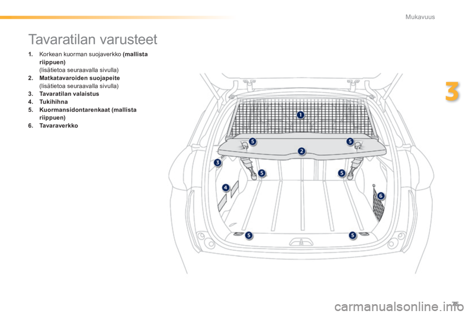PEUGEOT 2008 2014  Omistajan Käsikirja (in Finnish) 75
3
Mukavuus
               Tavaratilan varusteet 
1.   Korkean kuorman suojaverkko  (mallista riippuen)       (lisätietoa seuraavalla sivulla) 2.    Matkatavaroiden suojapeite       (lisätietoa se