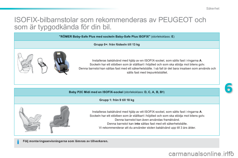 PEUGEOT 2008 2014 Bruksanvisningar (in Swedish) 147
6
Säkerhet
ISOFIX-bilbarnstolar som rekommenderas av PEUGEOT och
som är typgodkända för din bil.
Följ monteringsanvisningarna som lämnas av tillverkaren.
"RÖMER Baby- Saf PEUGEOT 2008 2014 Bruksanvisningar (in Swedish) 147
6
Säkerhet
ISOFIX-bilbarnstolar som rekommenderas av PEUGEOT och
som är typgodkända för din bil.
Följ monteringsanvisningarna som lämnas av tillverkaren.
"RÖMER Baby- Saf