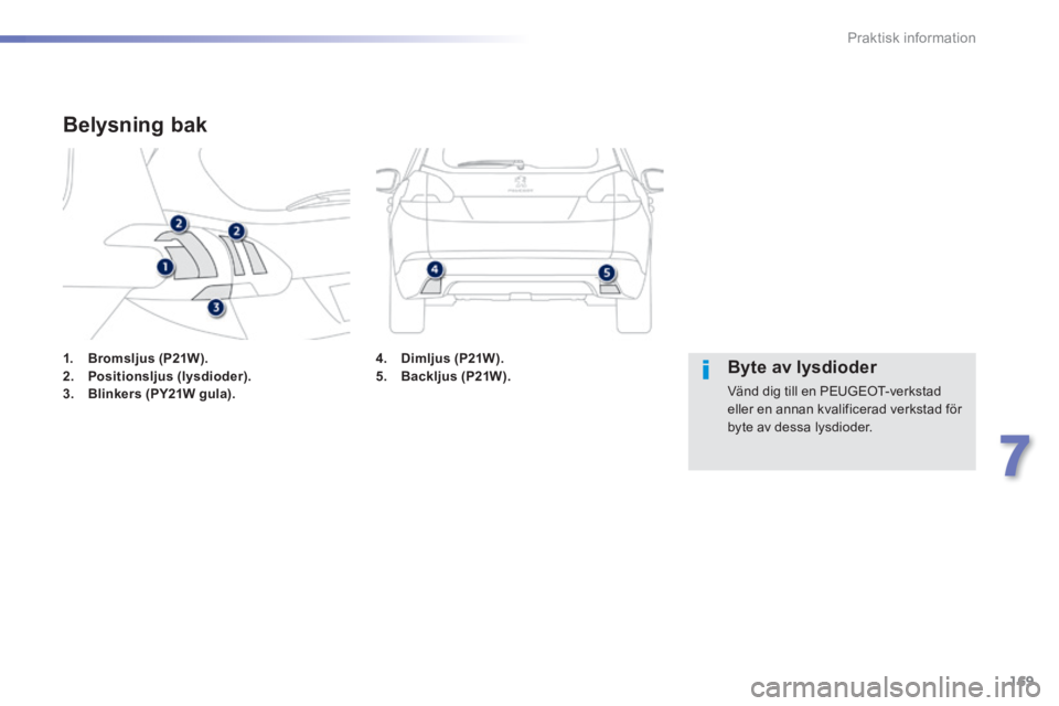 PEUGEOT 2008 2014  Bruksanvisningar (in Swedish) 169
7
Praktisk information
1.    Bromsljus (P21W).2.    Positionsljus (lysdioder).3.    Blinkers (PY21W gula).
Belysning bak 
   Byte  av  lysdioder 
 Vänd dig till en PEUGEOT-verkstad eller en annan