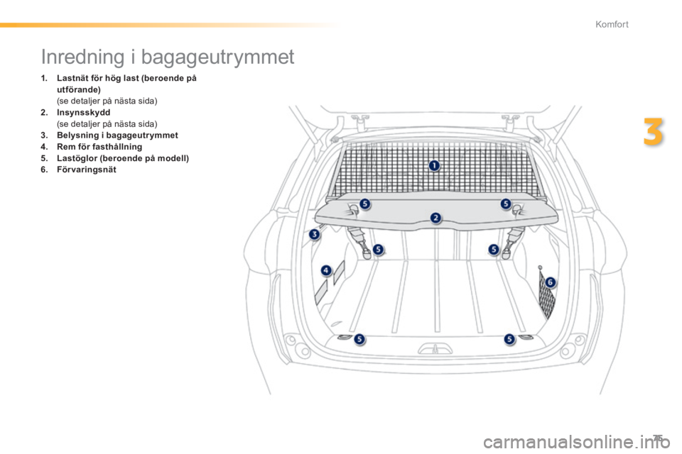PEUGEOT 2008 2014 Bruksanvisningar (in Swedish) 75
3
Komfort
Inredning i bagageutrymmet
1. Lastnät för hög last (beroende på utförande) (se detaljer på nästa sida) 2. Insynsskydd (se detaljer på nästa s PEUGEOT 2008 2014 Bruksanvisningar (in Swedish) 75
3
Komfort
Inredning i bagageutrymmet
1. Lastnät för hög last (beroende på utförande) (se detaljer på nästa sida) 2. Insynsskydd (se detaljer på nästa s