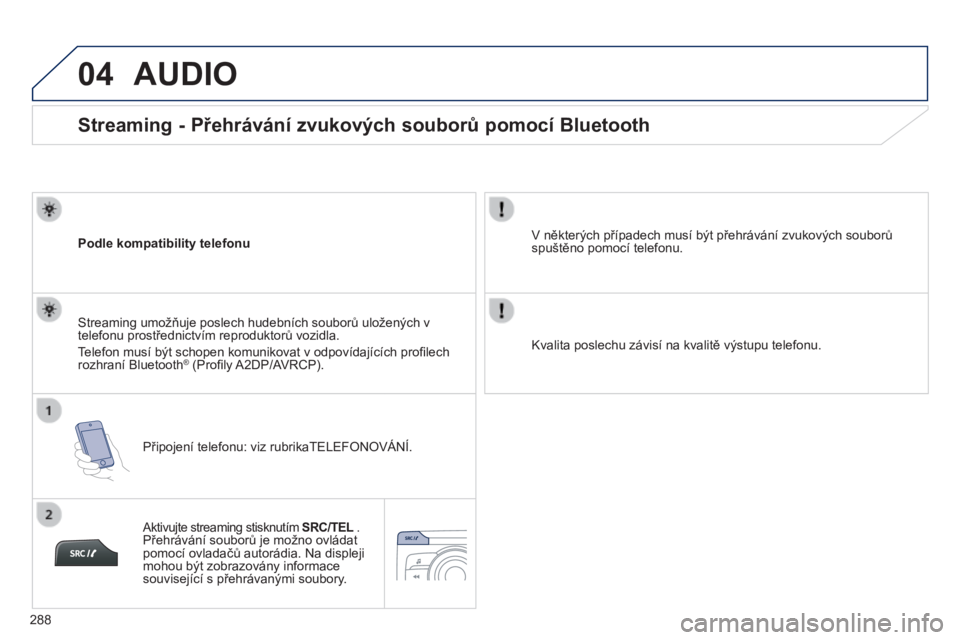 PEUGEOT 2008 2014  Návod na použití (in Czech) 04
288
       
Streaming - Přehrávání zvukových souborů pomocí Bluetooth 
  Podle kompatibility telefonu  
  Připojení telefonu: viz rubrikaTELEFONOVÁNÍ.  
  Streaming umožňuje poslech hu