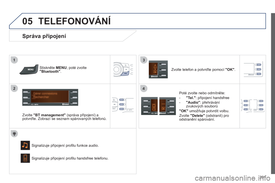 PEUGEOT 2008 2014  Návod na použití (in Czech) 05
 
291
 TELEFONOVÁNÍ 
  Stiskněte  MENU , poté zvolte "Bluetooth" .   
  Zvolte  "BT management"  (správa připojení) a potvrďte. Zobrazí se seznam spárovaných telefonů.  