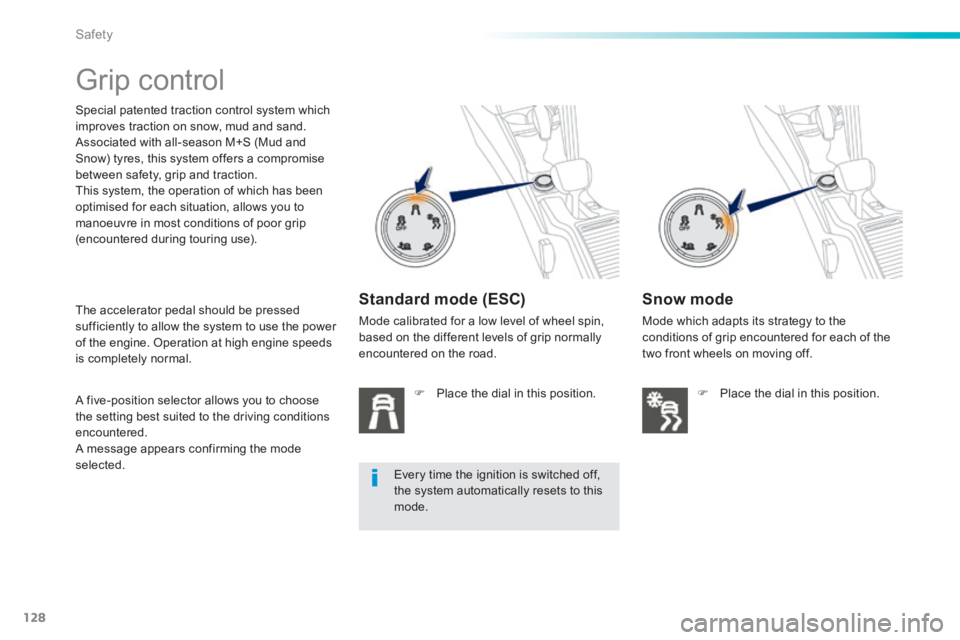 PEUGEOT 2008 2013.5 Owners Manual 128
Safety
Grip control
Special patented traction control system which improves traction on snow, mud and sand. Associated with all-season M+S (Mud and Snow) tyres, this system offers a PEUGEOT 2008 2013.5 Owners Manual 128
Safety
Grip control
Special patented traction control system which improves traction on snow, mud and sand. Associated with all-season M+S (Mud and Snow) tyres, this system offers a