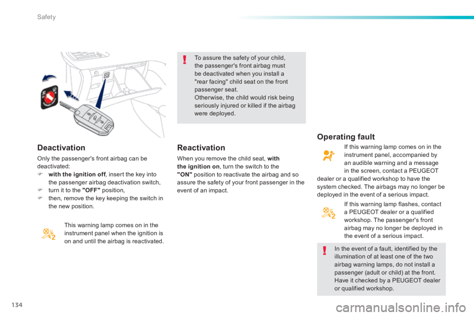 PEUGEOT 2008 2013.5  Owners Manual 134
Safety
  Deactivation 
  This warning lamp comes on in the instrument panel when the ignition is on and until the airbag is reactivated.  
  To assure the safety of your child, the passengers fro