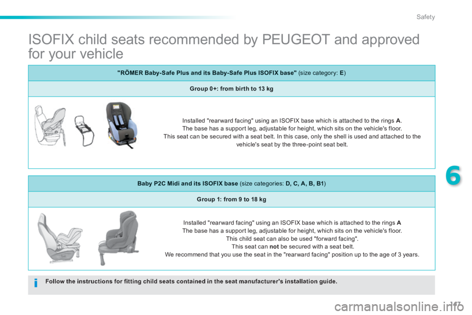 PEUGEOT 2008 2013.5  Owners Manual 147
6
Safety
           ISOFIX  child  seats  recommended  by  PEUGEOT  and  approved 
for your vehicle  
Follow the instructions for fitting child seats contained in the seat manufacturers installat