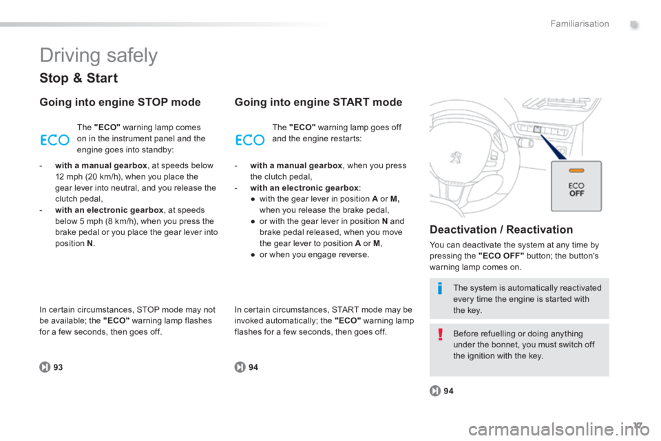 PEUGEOT 2008 2013.5 User Guide .
17
9394
94
Familiarisation
Driving safely
Stop & Start
Going into engine STOP mode
The "ECO" warning lamp comes on in the instrument panel and the engine goes into standby:
Going i PEUGEOT 2008 2013.5 User Guide .
17
9394
94
Familiarisation
Driving safely
Stop & Start
Going into engine STOP mode
The "ECO" warning lamp comes on in the instrument panel and the engine goes into standby:
Going i